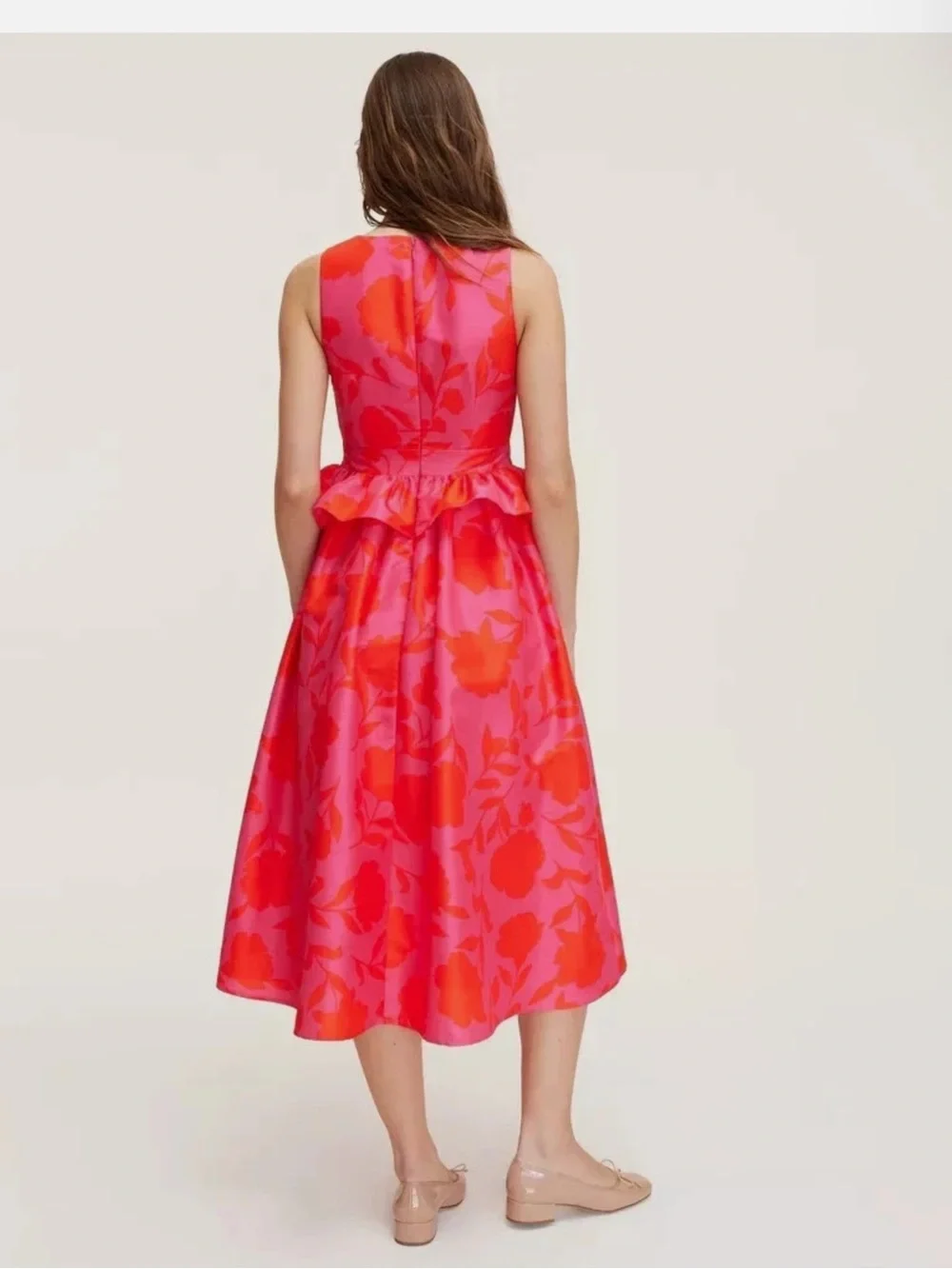 kate spade Pink and Red Floral V-Neck Peplum Midi Dress